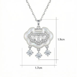 925 Sterling Silver Sterling Silver Ruyi Longevity Lock Pendant Necklace with Mother-of-Pearl and Crystal Charms