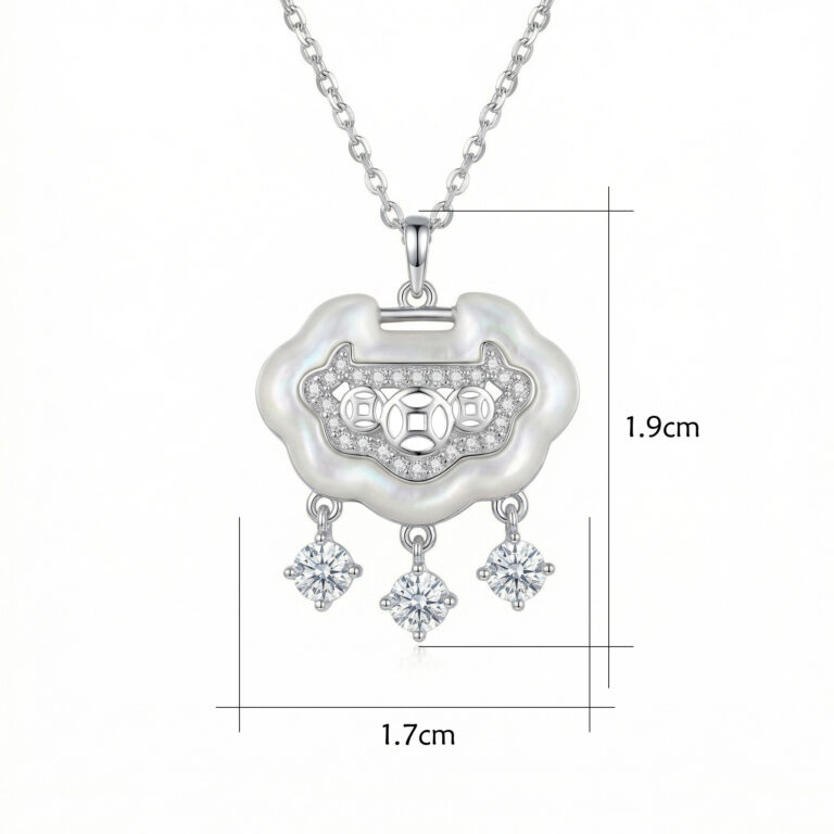 925 Sterling Silver Sterling Silver Ruyi Longevity Lock Pendant Necklace with Mother-of-Pearl and Crystal Charms