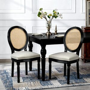 French Country Dining Chairs Set Of 2, Upholstered Chairs With Rattan Round Back, For Living Room, Kitchen , Restaurant Use, Black Solid Wood Frame, Beige Fabric