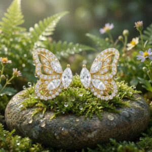 925 Sterling Silver Sparkling Butterfly Stud Earrings Featuring Marquise and Pavé Stones in a Warm Radiant Finish