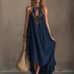 Neck-hanging Backless Maxi Sleeveless High-slit Embroidered Resort-style Dress