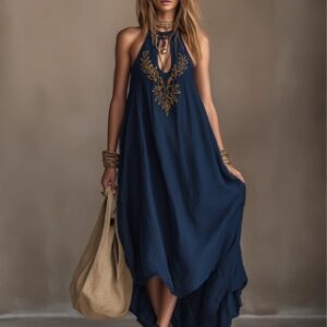 Neck-hanging Backless Maxi Sleeveless High-slit Embroidered Resort-style Dress