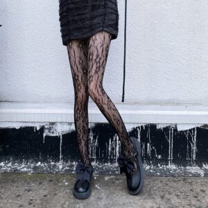 Black Stockings With Floral Pattern As The Base, Thin Cut Hollow Mesh Stockings, And Silk Stockings