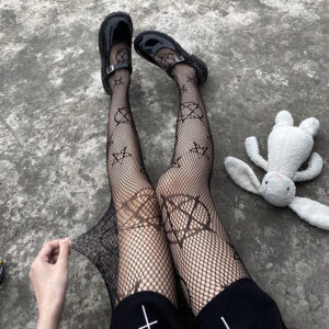 Japanese Style Magic Pentagram Hollow Fishnet Socks, Girl's Pentagram Versatile JK Black Pantyhose For Women, Plus Size
