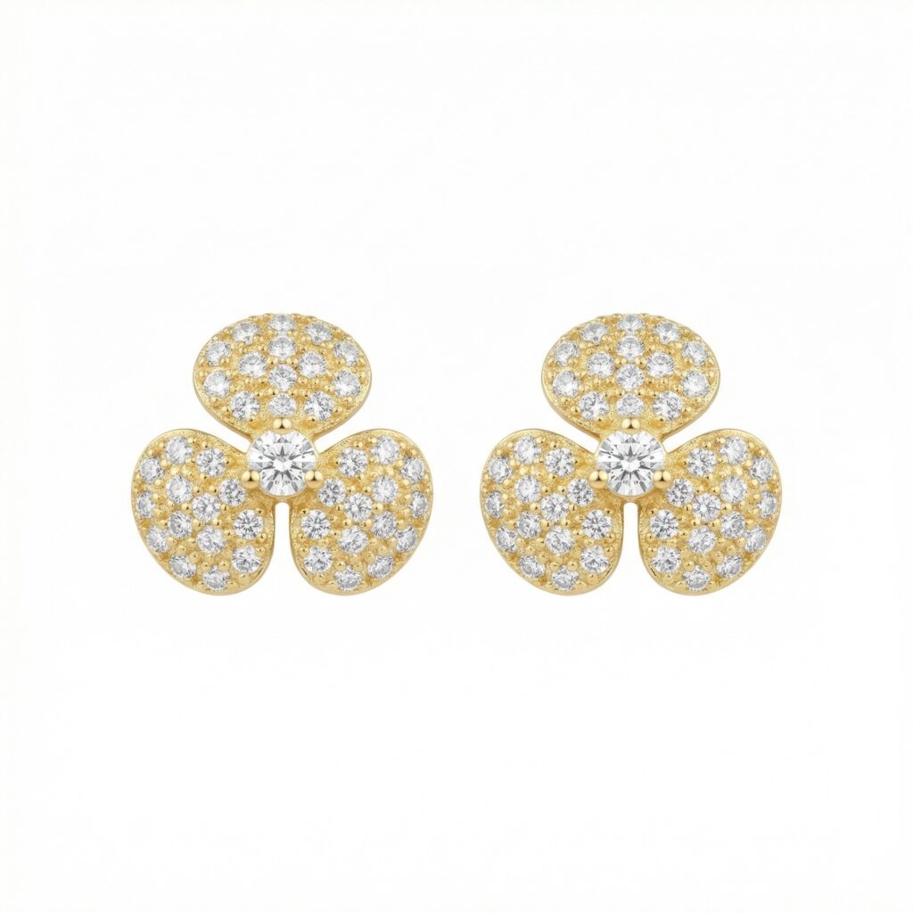 925 Sterling Silver Radiant Pavé CZ Trifoil Earrings with Center Brilliant Accents