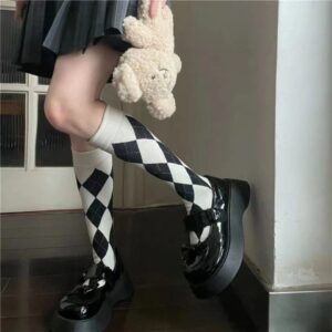 Vintage Coffee-colored Knee-high Socks, Argyle Pattern Calf Socks For Women, Preppy Ins Trendy Socks, Cosplay Style