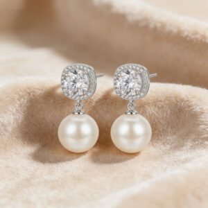 925 Sterling Silver Elegant Square Halo CZ and White Pearl Drop Earrings