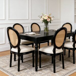 French Country Dining Chairs Set Of 2, Upholstered Chairs With Rattan Round Back, For Living Room, Kitchen , Restaurant Use, Black Solid Wood Frame, Beige Fabric