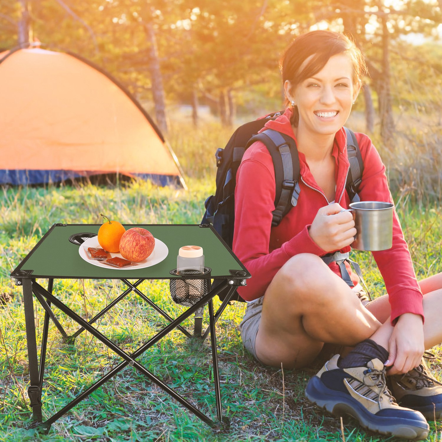 1Pc 2Pc Options Foldable Camping Table Portable Picnic Table Lightweight Travel Desk With 2 Cup Holders Carrying Bag Color Options Black Orange Green Red Blue Navy Blue - Image 4