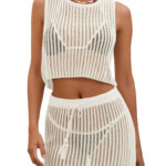 Fisoew Womens 2 Piece Crochet Sets Sleeveless Crop Tops Cover Up Beach Mini Skirt Outfits Vacation Sets