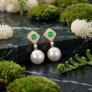 925 Sterling Silver Elegant Emerald and Pearl Drop Earrings with Sparkling CZ Accents