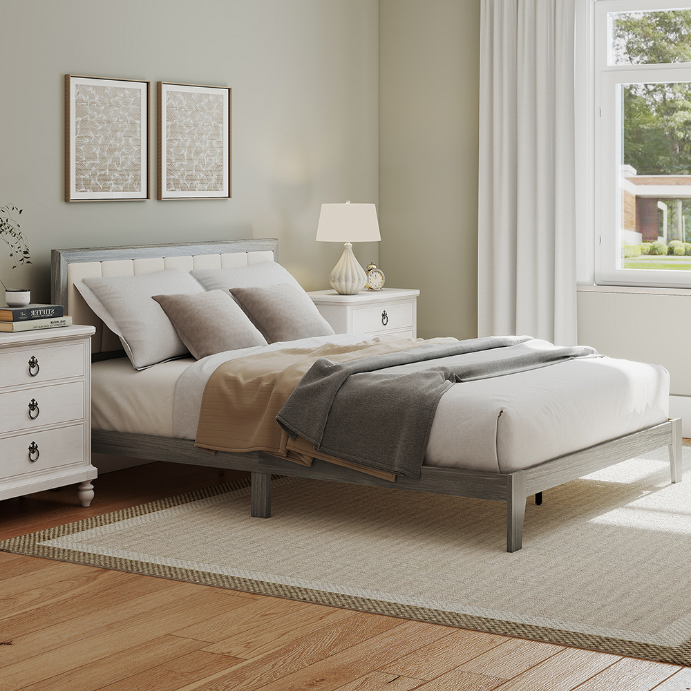 Bed Frame With Headboard Platform Bed Frame Linen-look Fabric With Wooden Slats No Needed Easy Assembly Support Up To 726 Lbs