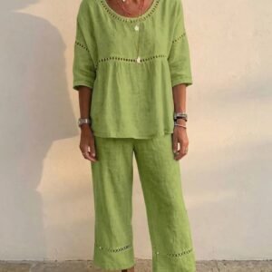 Casual Commuter Comfortable Loose Crew-Neck Linen Set
