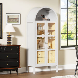 Modern Arched Cabinet With Glass Doors,72 Tall Auto Sensor Light Farmhouse Arch Storage Cabinet With Height Adjustable Shelf And 2 Drawers Display Bookshelf In White Oak Wood Grain