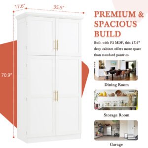 TOPMAx 35.5x17.6x70.9inch Freestanding Kitchen Pantry Cabinet Tall Storage Cabinet With 4 Doors 2 Door Shelves 8 Pull- Out Trays And Adjustable Shelf For Dining Room White