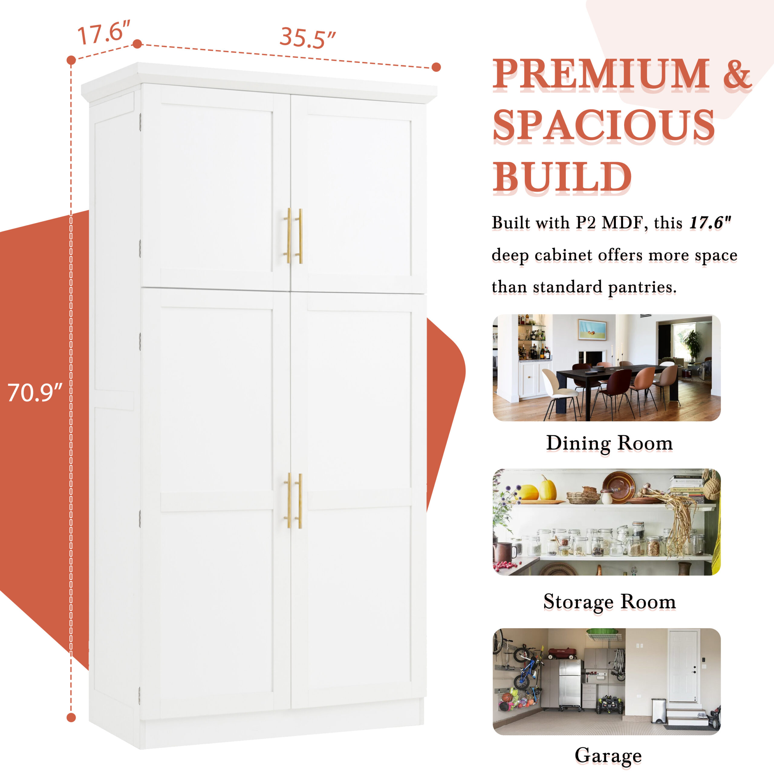 TOPMAx 35.5x17.6x70.9inch Freestanding Kitchen Pantry Cabinet Tall Storage Cabinet With 4 Doors 2 Door Shelves 8 Pull- Out Trays And Adjustable Shelf For Dining Room White - Image 5
