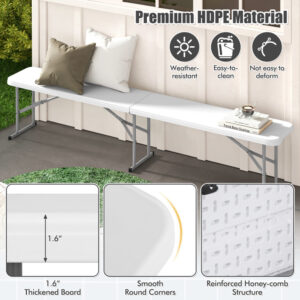 6 Feet Plastic Folding Bench Picnic Camping Dining Seat With Carrying Handle Accommodate 3 People Non-slip Foot