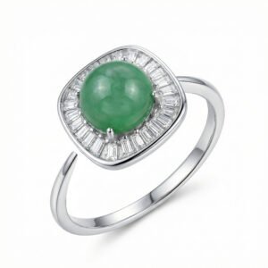 925 Sterling Silver Elegant Green Jade Cabochon Ring with Sparkling Gemstone Halo