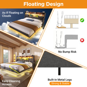 Upholstered Bed 4ft6 Floating Bed With LED Lighting, USB Type-C Charging, Storage Headboard For Cellphones And Tablets, 135 X 190 Cm Double Bed With Metal Slatted Frame, Linen, Grey No Mattress