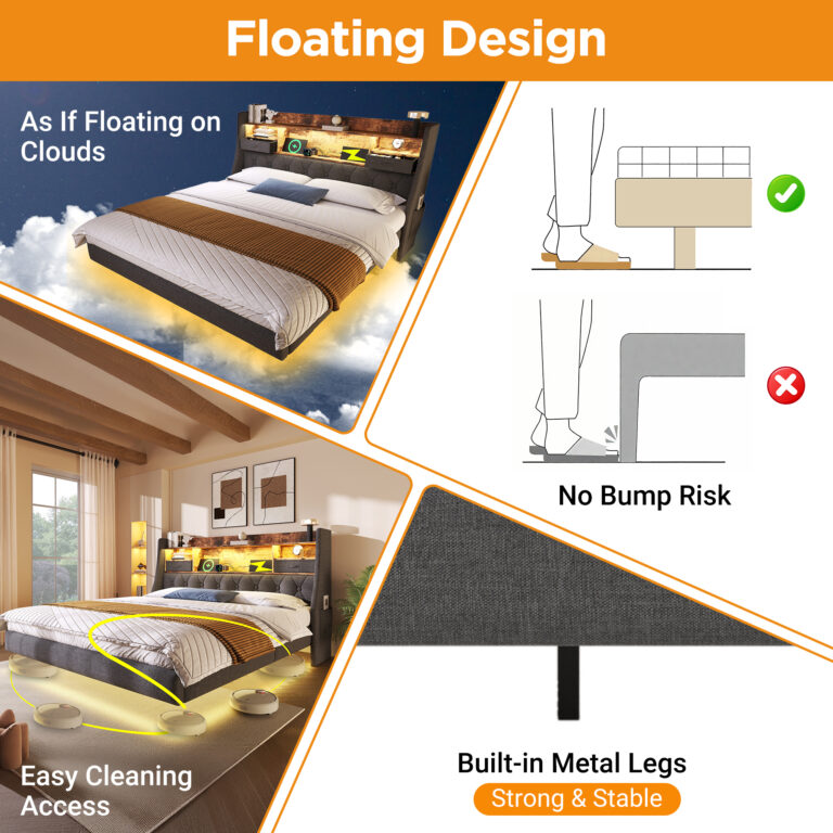Upholstered Bed 6ft Floating Bed With LED Lighting, USB Type-C Charging, Storage Headboard For Cellphones & Tablets, 180 X 200 Cm Super King Bed With Metal Slatted Frame, Linen, Grey No Mattress