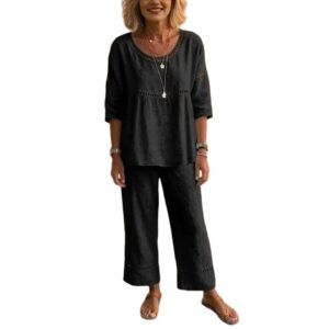 Casual Commuter Comfortable Loose Crew-Neck Linen Set