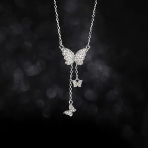 Full-Crystal Three-Butterfly Tassel Necklace For Women