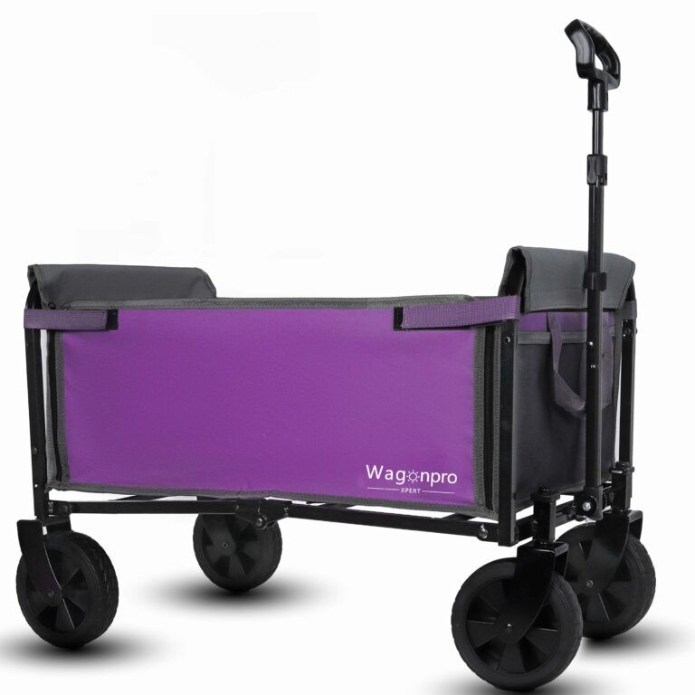 All- In- One Convertible Folding 4- Wheel Trolley With Bench Seat And Dog Leash – Heavy Duty Foldable Utility Trolley For Camping Beach Shopping – Versatile Seating And Storage Space Purple Gray