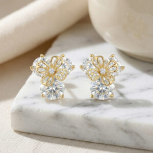 925 Sterling Silver Elegant Radiant Gemstone Blossom Stud Earrings with Delicate Filigree Butterfly Accents