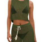 Fisoew Womens 2 Piece Crochet Sets Sleeveless Crop Tops Cover Up Beach Mini Skirt Outfits Vacation Sets