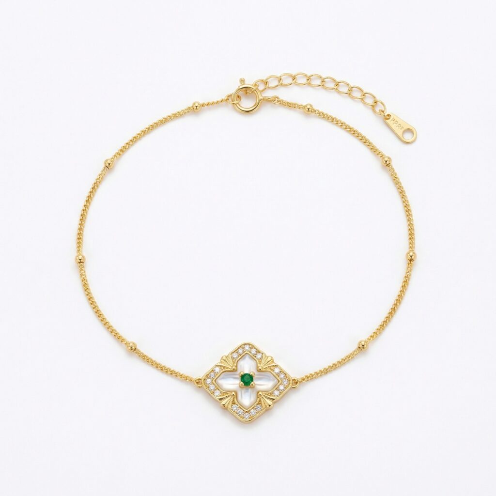 925 Sterling Silver Radiant Emerald and Mother of Pearl Quatrefoil Station Bracelet with Delicate Beading