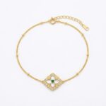 925 Sterling Silver Radiant Emerald and Mother of Pearl Quatrefoil Station Bracelet with Delicate Beading