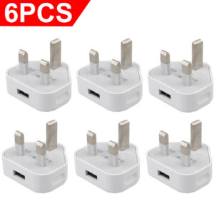 6 Pack USB Wall Charger 3 Pin Plug Mains Adapter For Phones, Tablets Power Uk