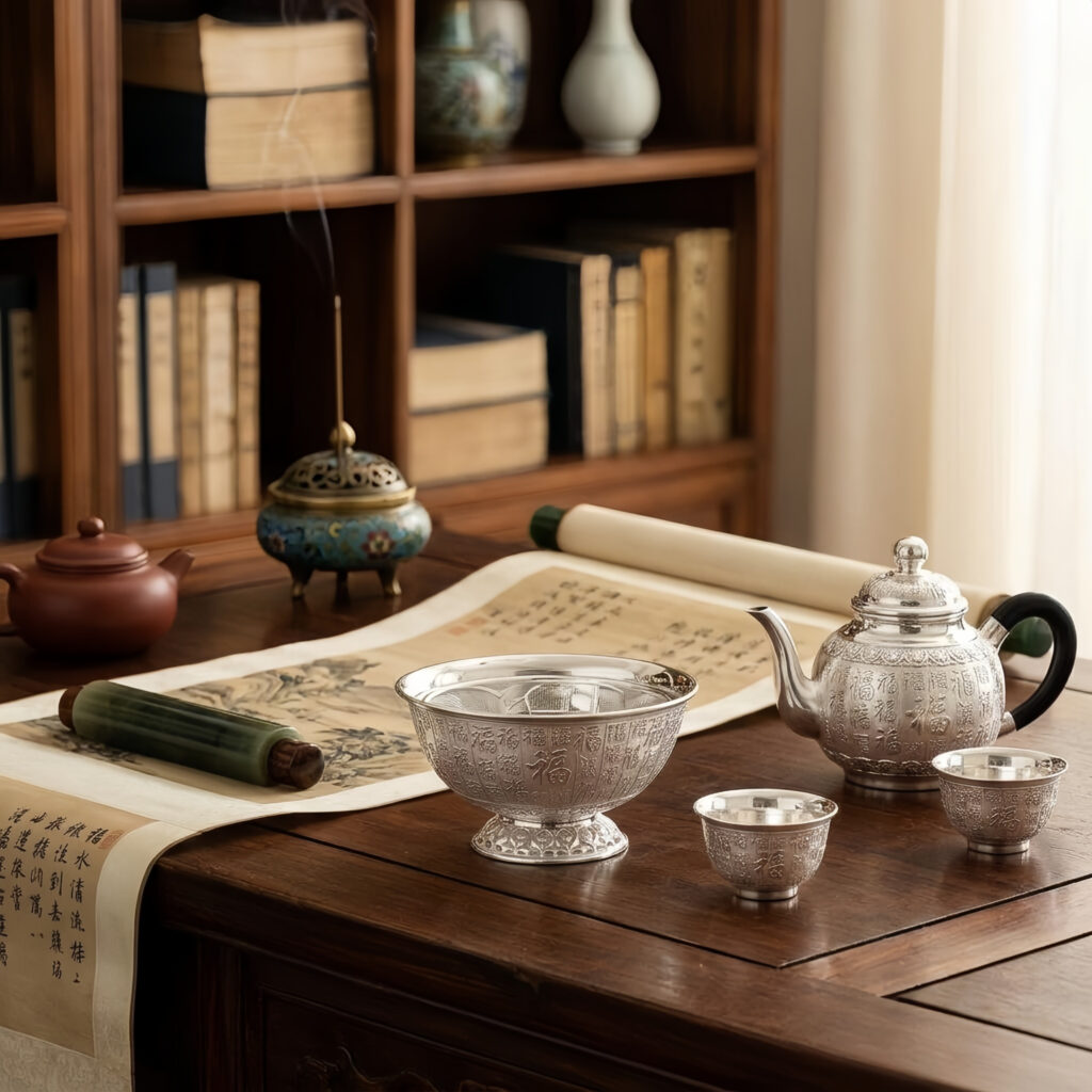 925 Sterling Silver Elegant Bowl with Intricate Chinese Character Engravings: A Masterpiece of Cultural Artistry-Fine silver bowl - Handicraft