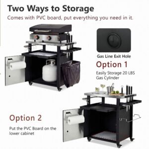 K&K 39.5 Outdoor Grill Cart With Storage Cabinet, Outdoor Bar Cart Pizza Oven Table With Wheels, Stainless Steel Top, Outdoor Kitchen Island With Spice & Paper Rack For BBQ, Waterproof Cover Included