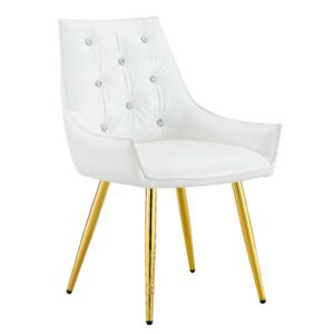 Pattern Premium PU Leather Accent Chair, Diamond Decor Backrest, Chrome Golden Metal Legs & High-Resilience Sponge Cushion Versatile For Office, Dining Room & Living Room White, Set Of 2