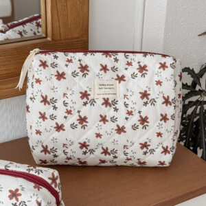 Orange Floral Corduroy Large-Capacity Portable Toiletry Bag For Women