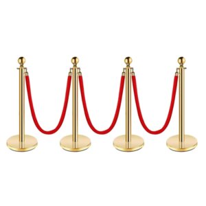 4 Pcs Stainless Steel Stanchion Post Queue, 5ft Red Velvet Rope Red Carpet Ropes And Poles Stanchions And Velvet Ropes Gold Stanchions With Red Rope Crowd Control Barriers For Party Supplies