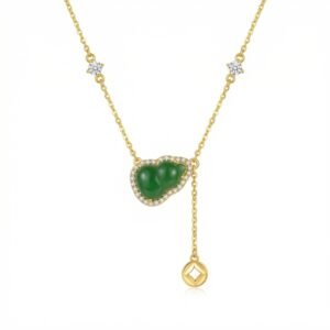 925 Sterling Silver Elegant Green Jadeite Gourd Necklace with Shimmering Stone Accents and Lucky Coin Drop