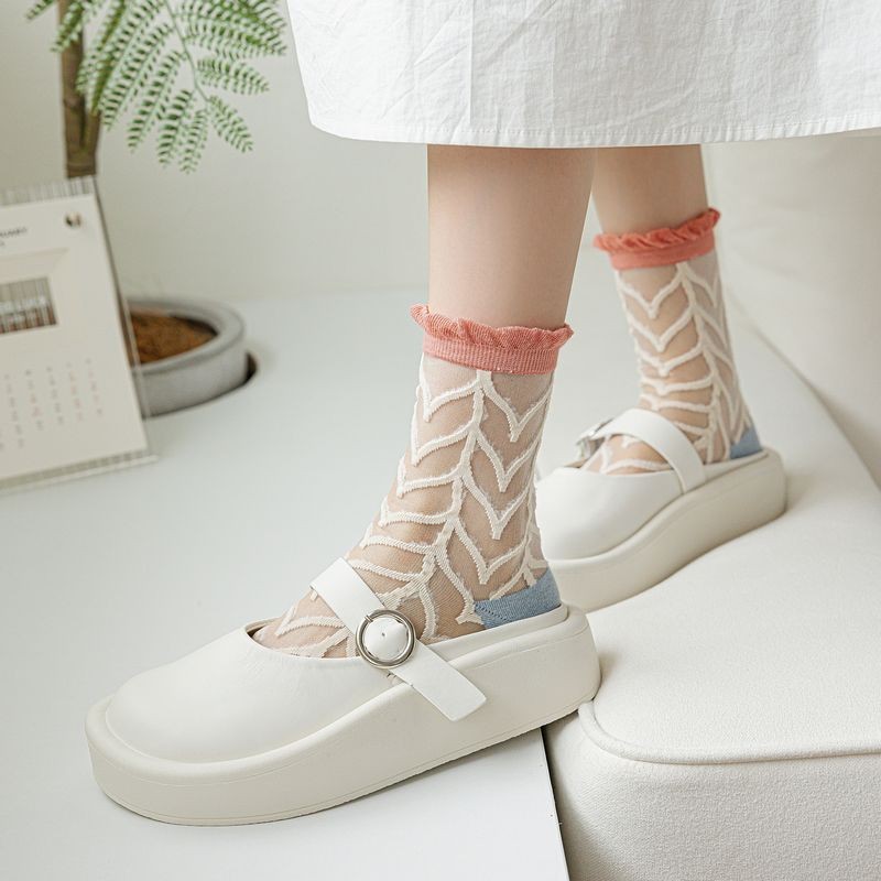 Mixed Color Summer Midsole Socks, Flower Transparent Crystal Glass Fiber Women's Socks