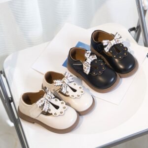 Girls Bow Flat Shoes, Pastoral Style Leather Shoes, 2025 Summer Style, Little & Big Kids, Princess Versatile Casual Shoes