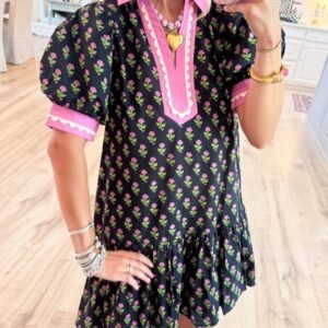 Floral-print Lace Puffed-sleeve Dress
