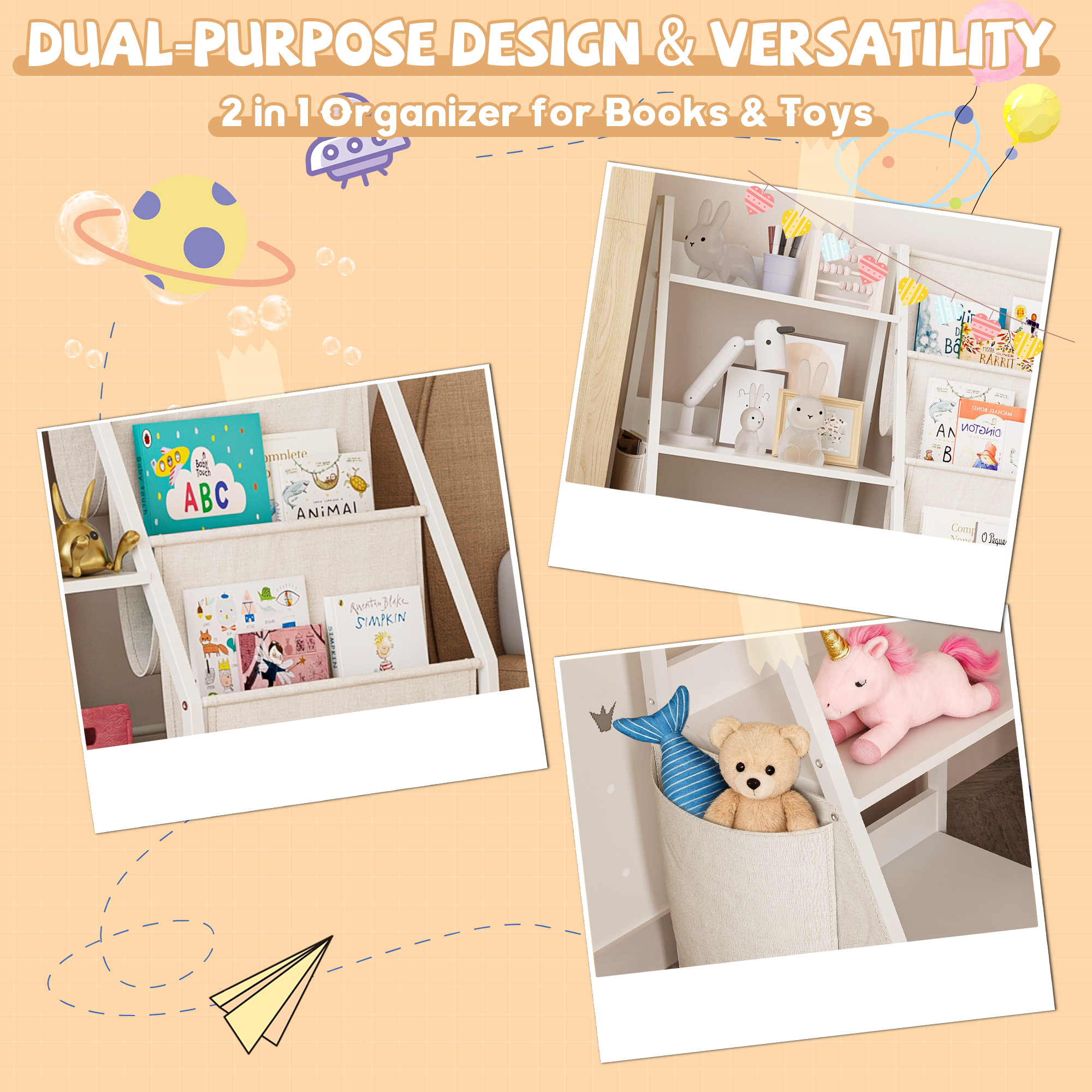 Kids Bookshelf And Toy Storage Organizer, Montessori Bookcase For Toddler Nursery, Wooden & Fabric Book Shelf With Anti-Tip Safety, White - Image 3