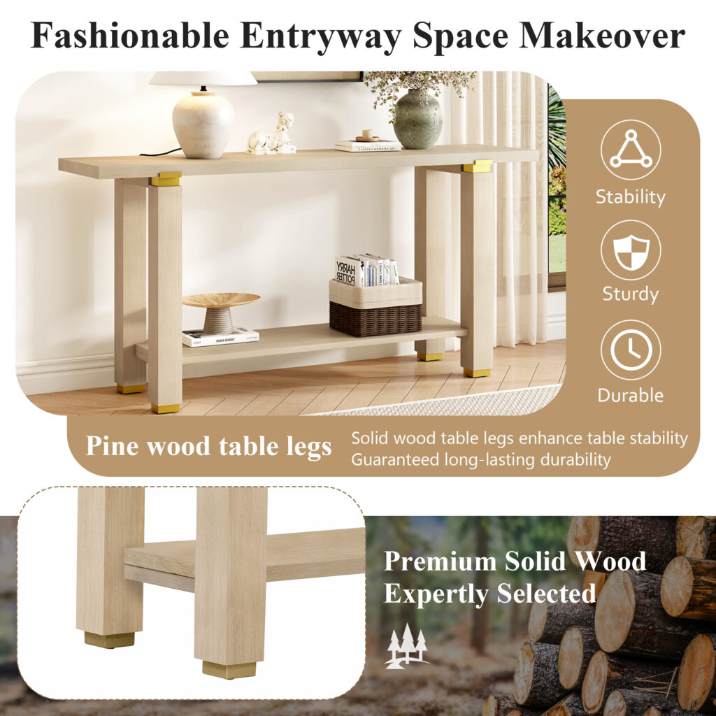 U-Style 62.9 Modern Minimalist Console Table Solid Wood Entryway Sofa Table With Metal Accents Built- In Shelf For Living Room Hallway 3 Colors Black Gray Natural