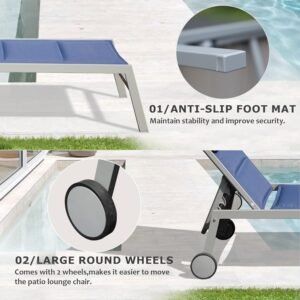 Outdoor Patio Chaise Lounge Set Of 3, Aluminum Pool Lounge Chairs With Side Table And Wheels, Textilene Padded Adjustable Recliner All Weather For Poolside, Beach, Yard, Balcony Navy Blue