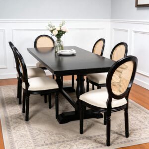 French Country Dining Chairs Set Of 2, Upholstered Chairs With Rattan Round Back, For Living Room, Kitchen , Restaurant Use, Black Solid Wood Frame, Beige Fabric