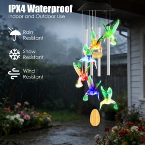 Solar Hummingbird Wind Chime With Aluminum Tubes 7 Color Changing Wind Chime For Outside IPX4 Waterproof Outdoor Garden Yard Decor