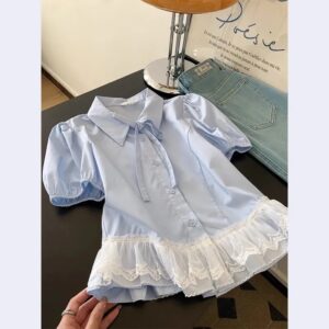 Light Luxury Youth-Enhancing Blue Lace Hem Short-Sleeve Shirt
