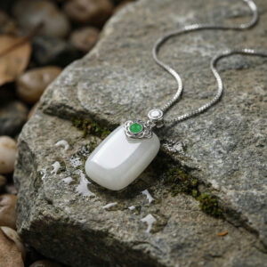 925 Sterling Silver Elegant White Jade Pendant Necklace with Emerald and CZ Accents