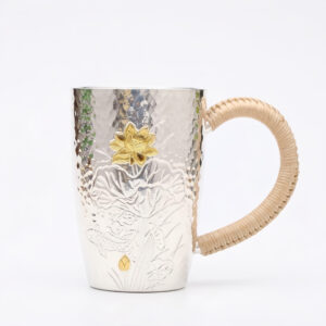 925 Sterling Silver Exquisite Hammered Silver Lotus Mug with Hand-Woven Rattan Handle – Handicraft