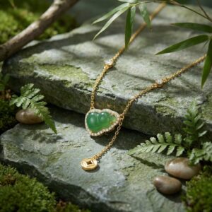 925 Sterling Silver Elegant Green Jadeite Gourd Necklace with Shimmering Stone Accents and Lucky Coin Drop